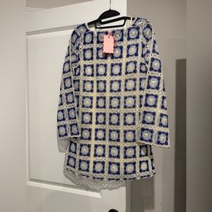 Chelsea & Violet Blue and Cream Crochet Dress